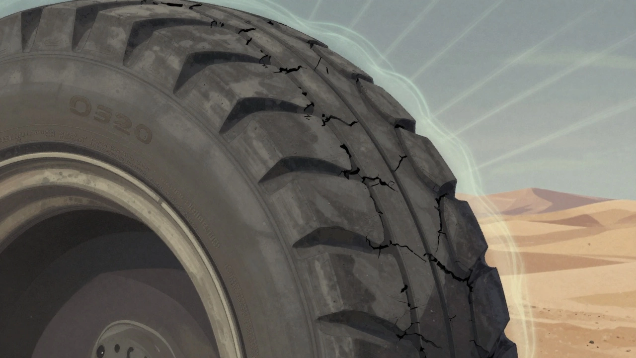 An aged tire sidewall with visible cracks, under UV rays, symbolizing rubber degradation over time.