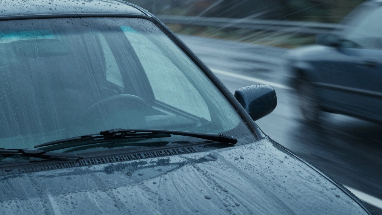 Car speeding on a rainy highway with aerodynamic beam wipers staying in contact with the windshield while an older wiper lifts up.