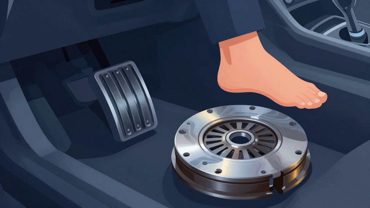 Driver's foot on a spongy clutch pedal with translucent slipping clutch components inside transmission.
