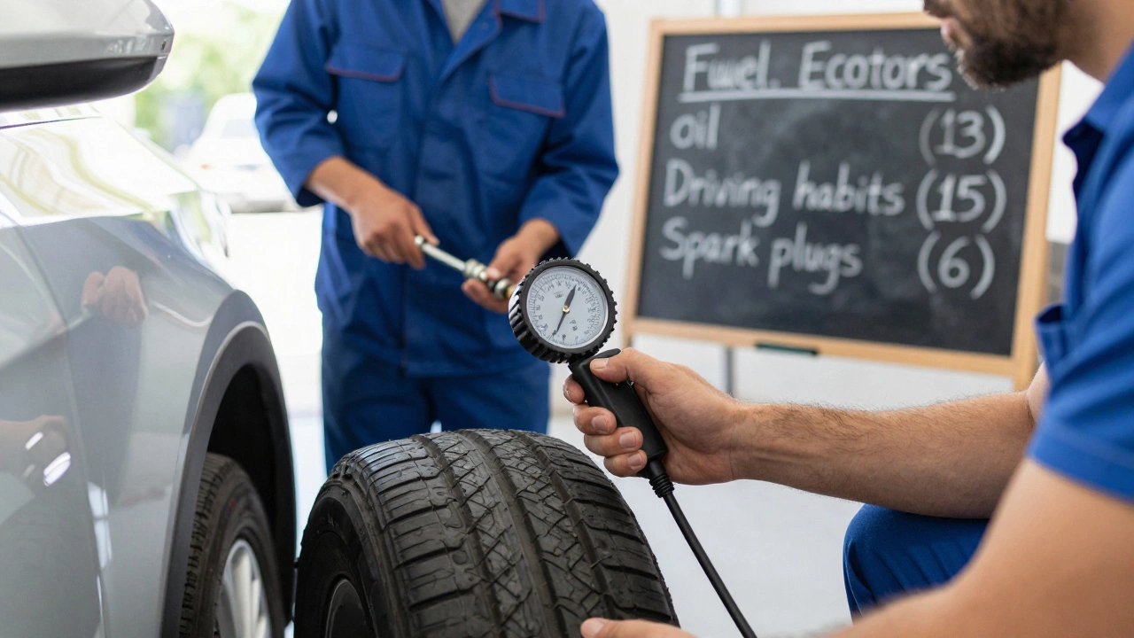 Driver checking tire pressure while mechanic replaces spark plugs, with fuel economy factors on a chalkboard.