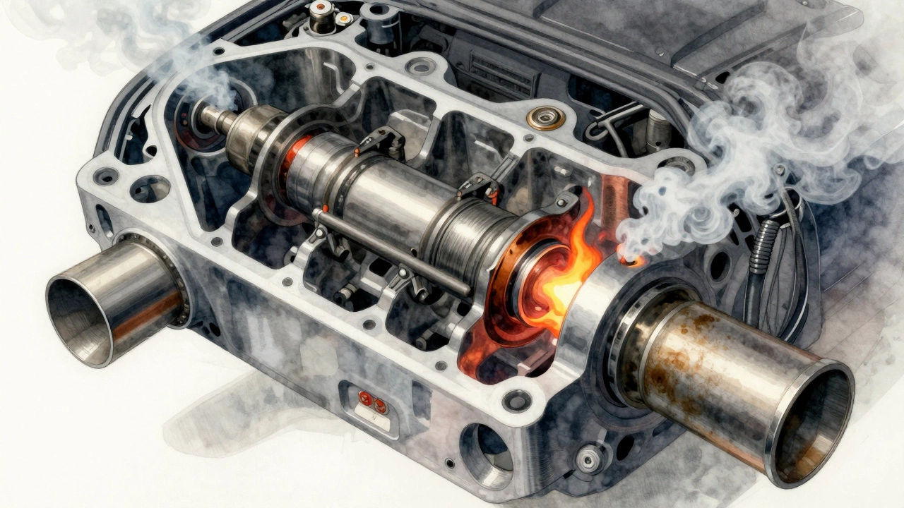 Engine cross-section showing one cylinder with weak spark and smoky exhaust, others burning cleanly.