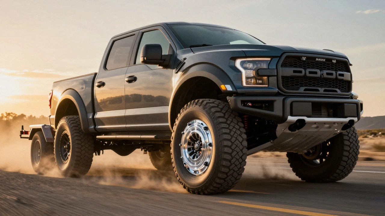 Ford F-150 Raptor towing trailer with ACT clutch cutaway showing heavy-duty components.