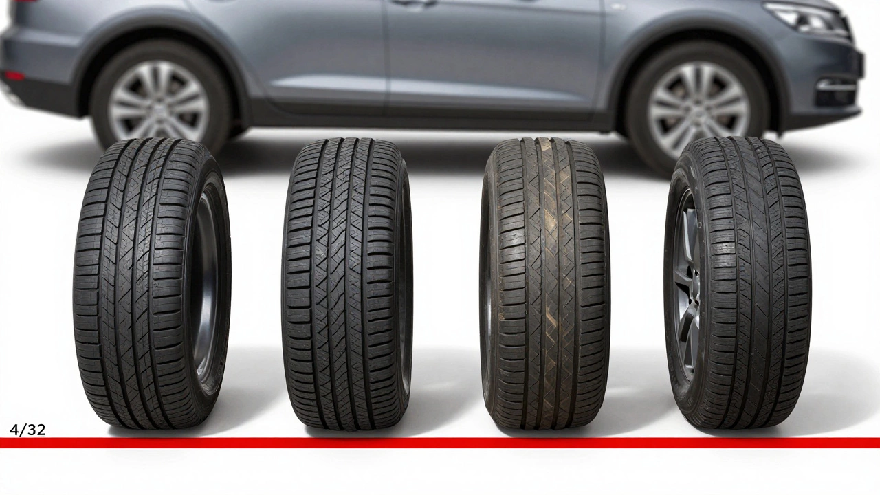 Four tires at different wear levels, with a red line marking the 4/32 inch safety threshold.