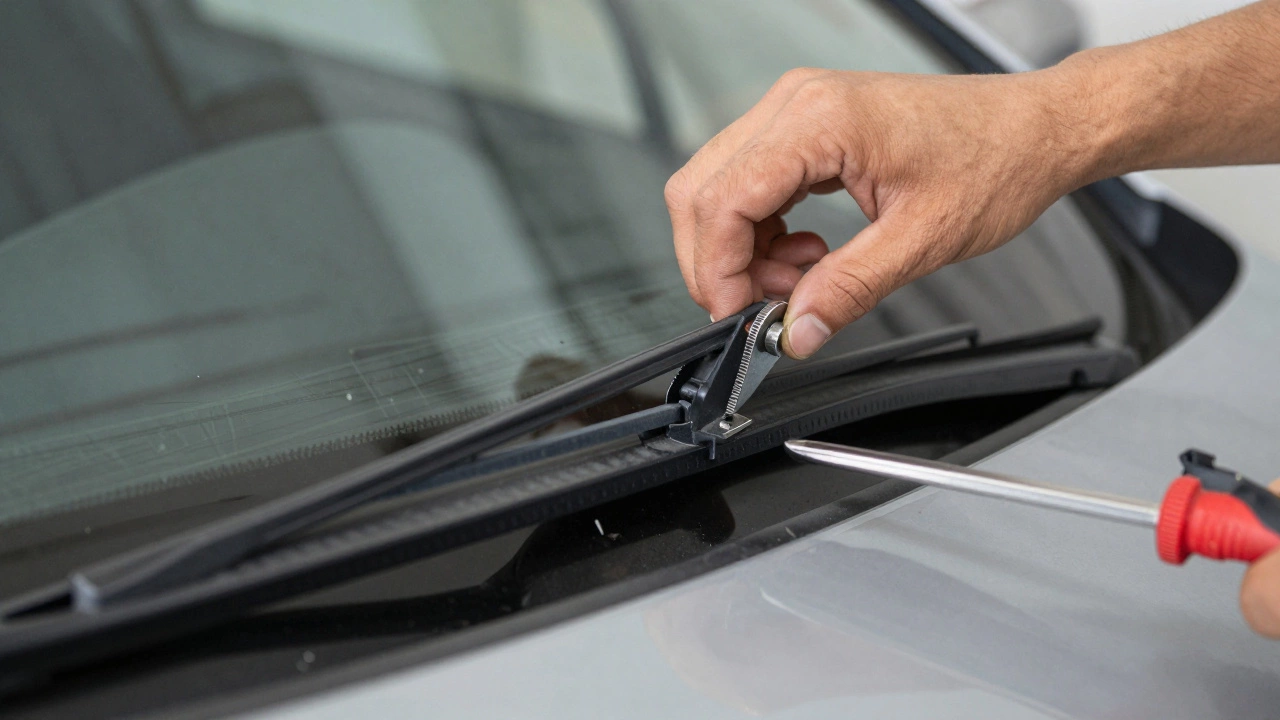 Hands clicking new windscreen wiper blade into place on car arm