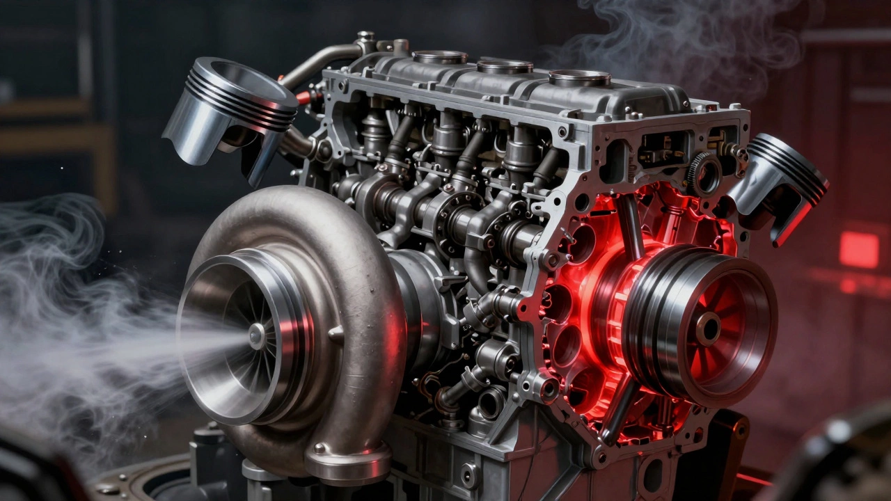 Internal engine view showing pistons scraping cylinder walls and overheated bearings.