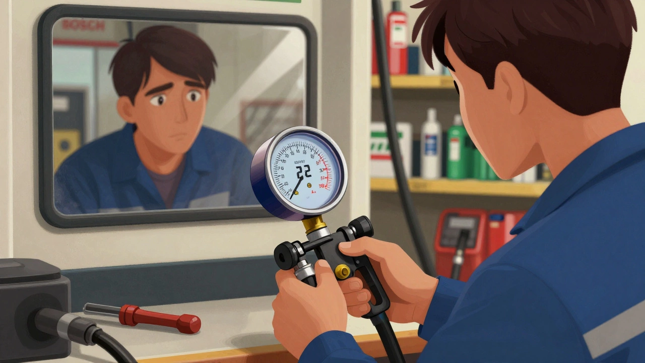 Mechanic testing fuel pressure with gauge while driver watches in garage mirror.