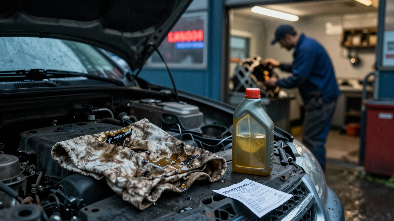 Oil bottle and rag beside an open car hood with a mechanic inspecting a leak in the background.