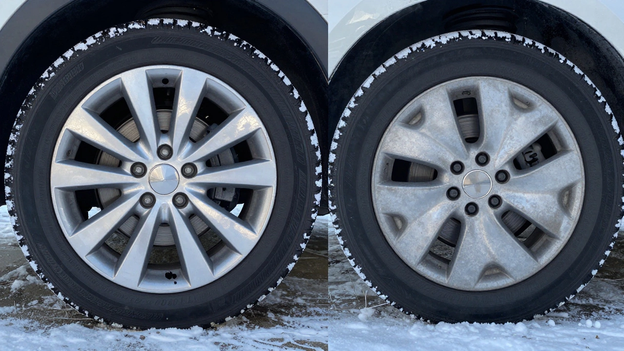 Side-by-side comparison of a corroded alloy wheel and a durable steel wheel on a snowy driveway.