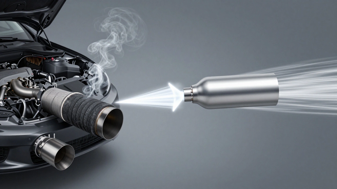 Side-by-side comparison of restricted vs. free-flowing exhaust systems, illustrating how MagnaFlow enhances engine breathing.