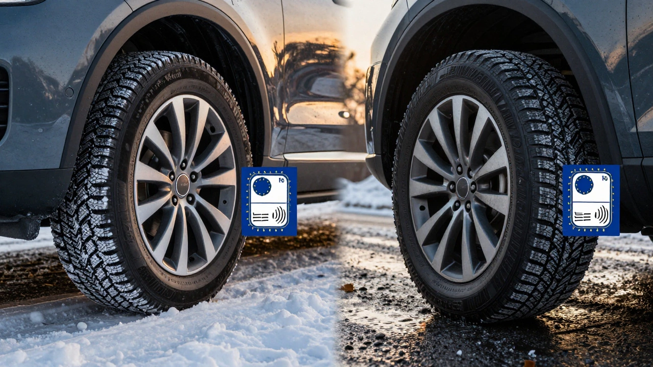 Split image of SUV with summer vs winter tires, EU tire label icons floating beside them.