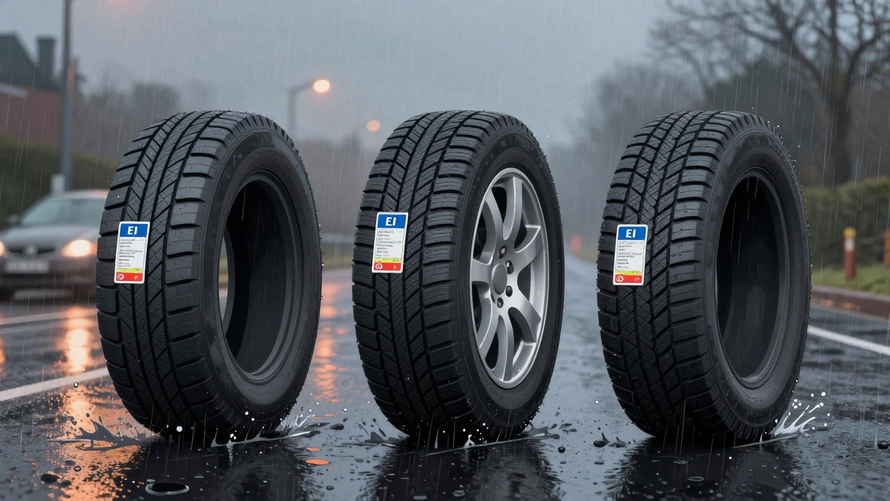 Three types of car tires on a wet road at dusk, showing different tread patterns and EU labels.