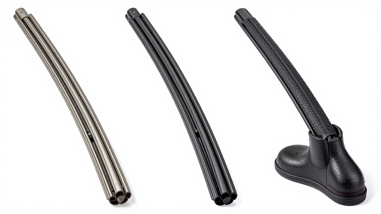 Three windscreen wiper types: conventional, beam, and winter models side by side