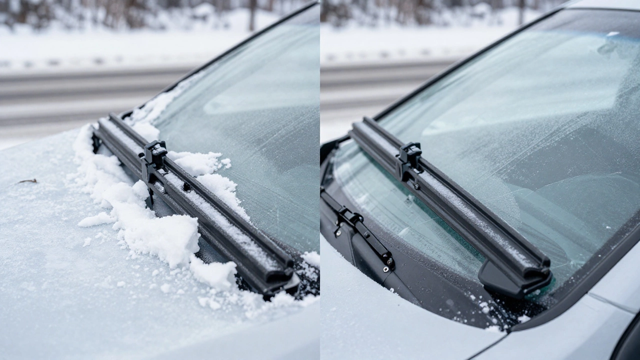 Winter comparison: snow-clogged frame wiper versus ice-free beam wiper with protective rubber cover.