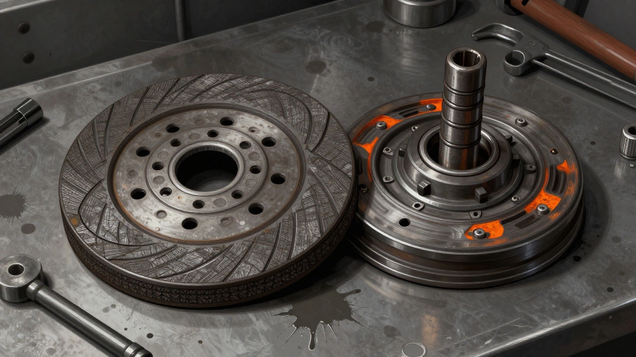 Worn clutch disc, pressure plate, and release bearing on workbench with signs of heat damage.