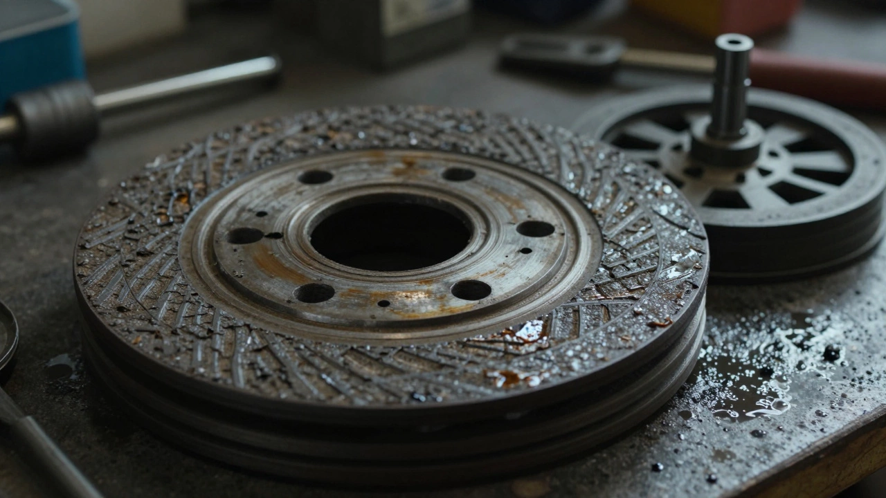 Worn clutch disc with scorch marks beside pressure plate and release bearing in a workshop.