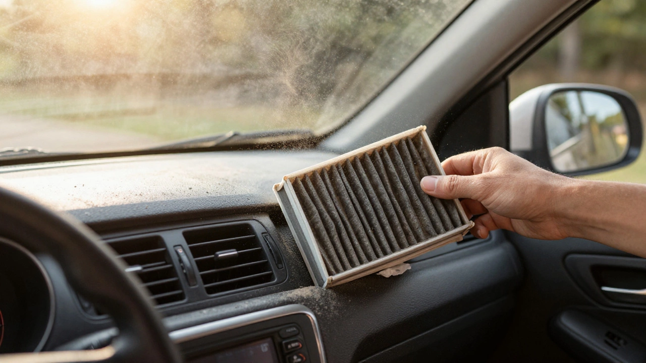 A cabin air filter pulled from behind a glove box, dust floating in sunlight inside a car interior.
