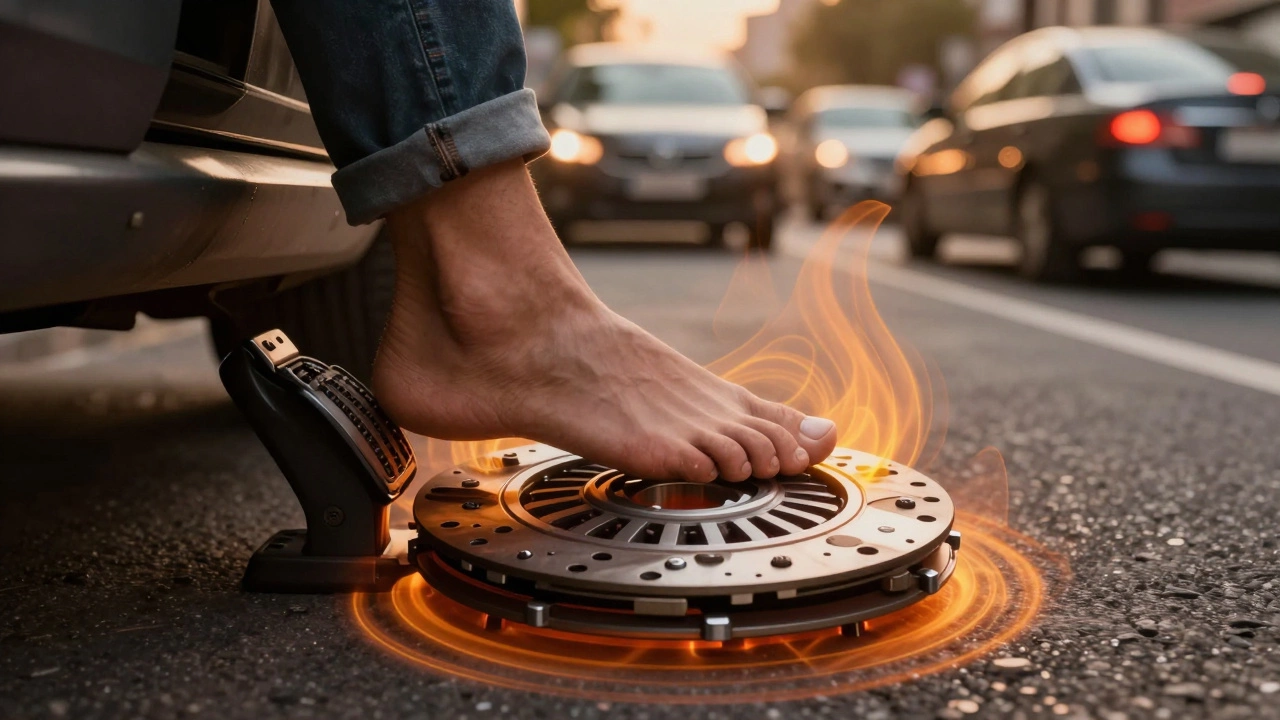 A driver's foot resting on the clutch pedal while stuck in traffic, with heat waves indicating clutch wear.