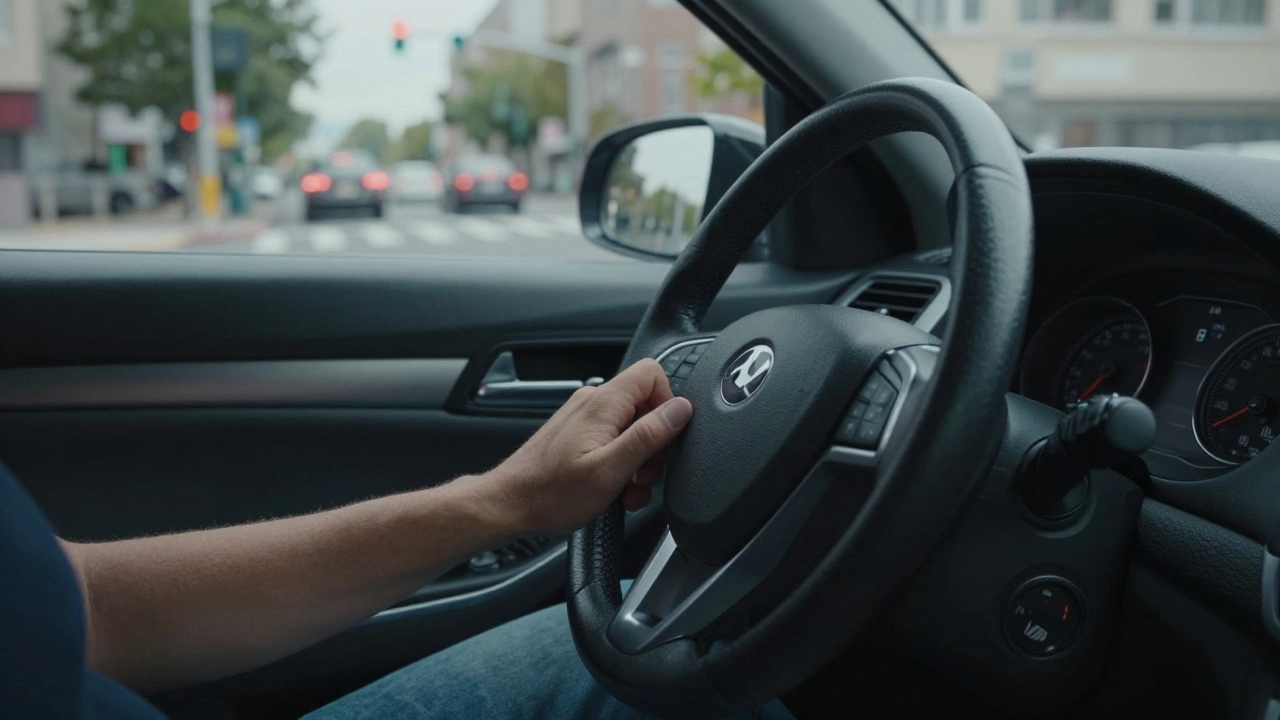 A driver pressing a vibrating brake pedal with a warning light on the dashboard in a car interior.