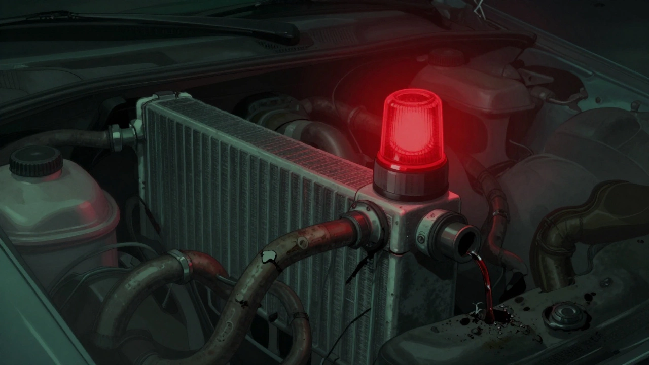 A glowing engine warning light illuminates a failing radiator with leaking and clogged coolant pipes.