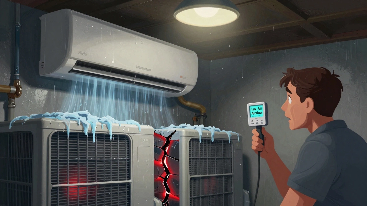 A residential furnace under strain from a MERV 14 filter, with ice on coils and a cracked heat exchanger.