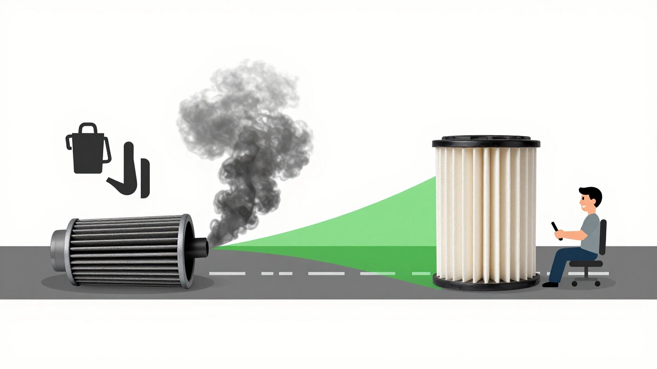 A split visual showing a clogged filter restricting airflow versus a clean one allowing smooth air flow.