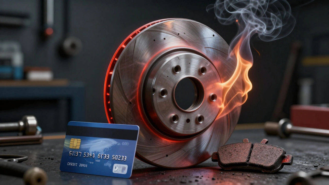 A warped, overheating brake rotor with smoke rising, next to a credit card and new brake pad for comparison.