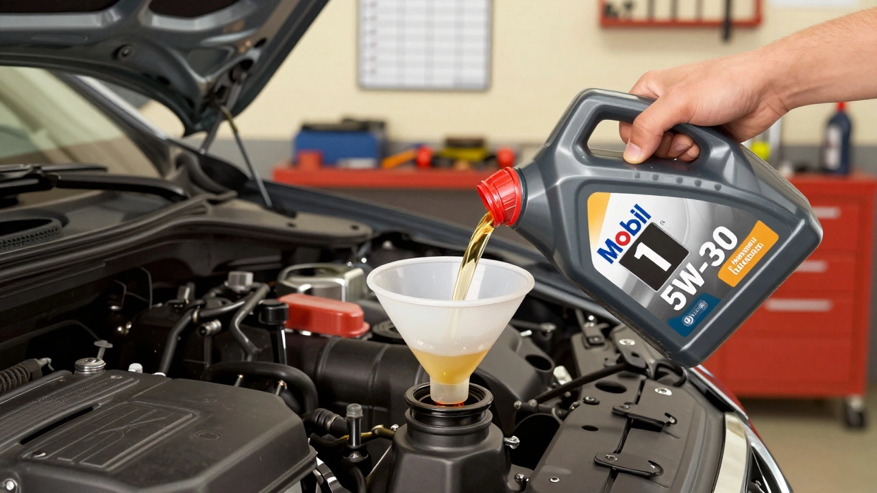 Adding engine oil with funnel and synthetic oil bottle labeled Mobil 1.