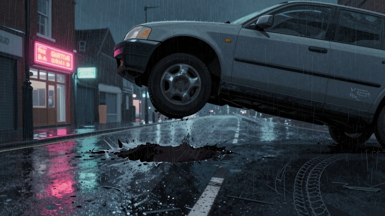 Car bouncing over a pothole with one wheel off the ground on a rainy British road.