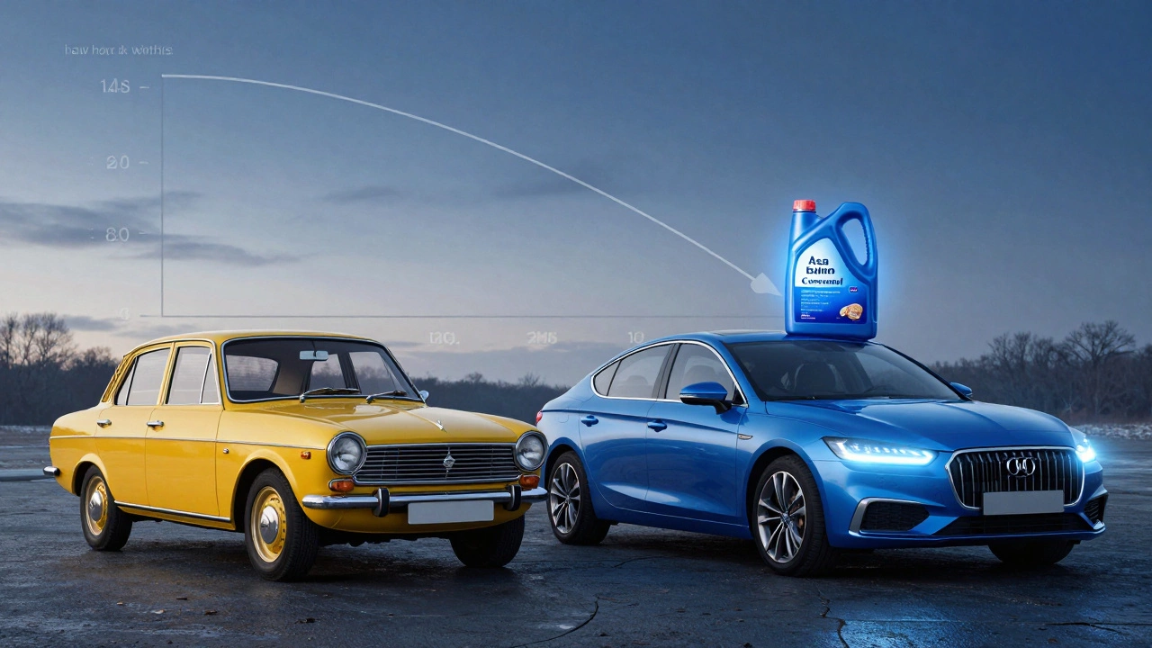Classic and modern cars side by side, symbolizing conventional versus synthetic oil use under a winter sky.