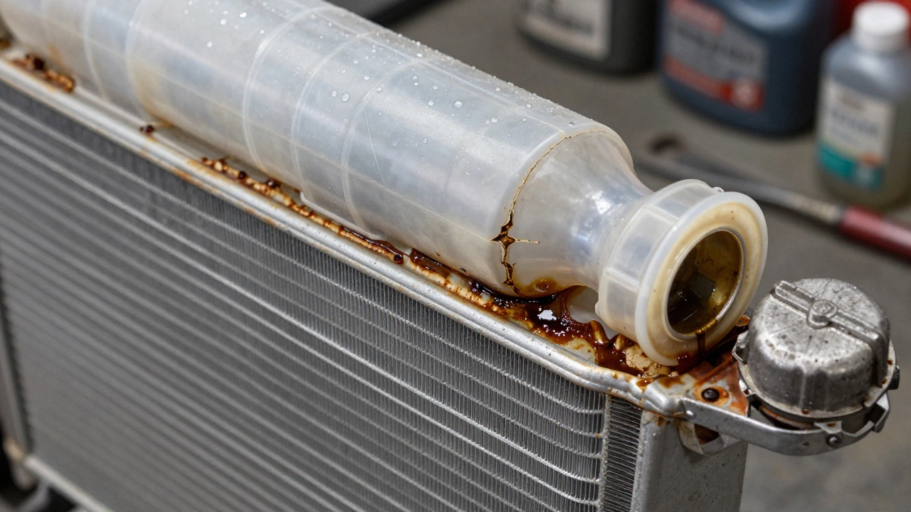 Close-up of a corroded radiator with bulging tanks and sludge oozing from internal damage.