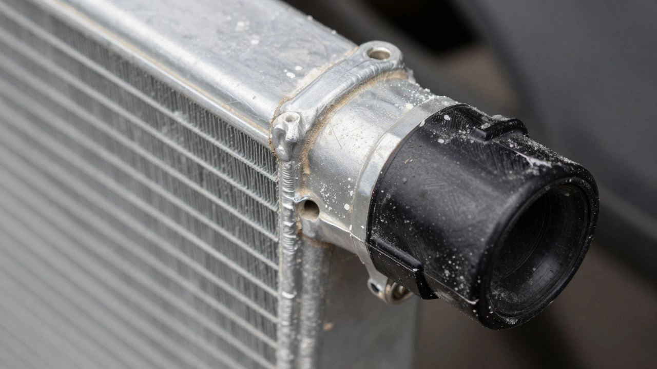 Close-up of corroded radiator fins and cracked plastic tank.