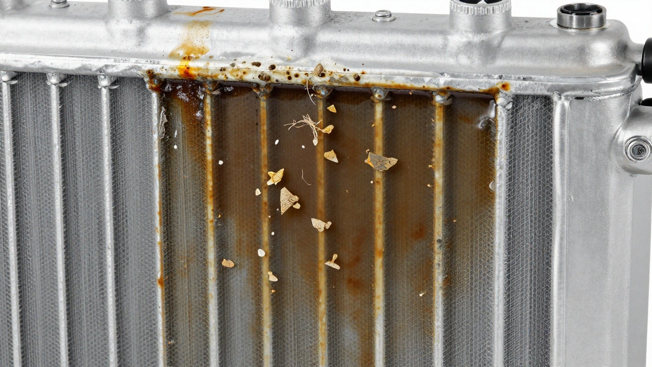Close-up of dirty coolant and corroded radiator fins