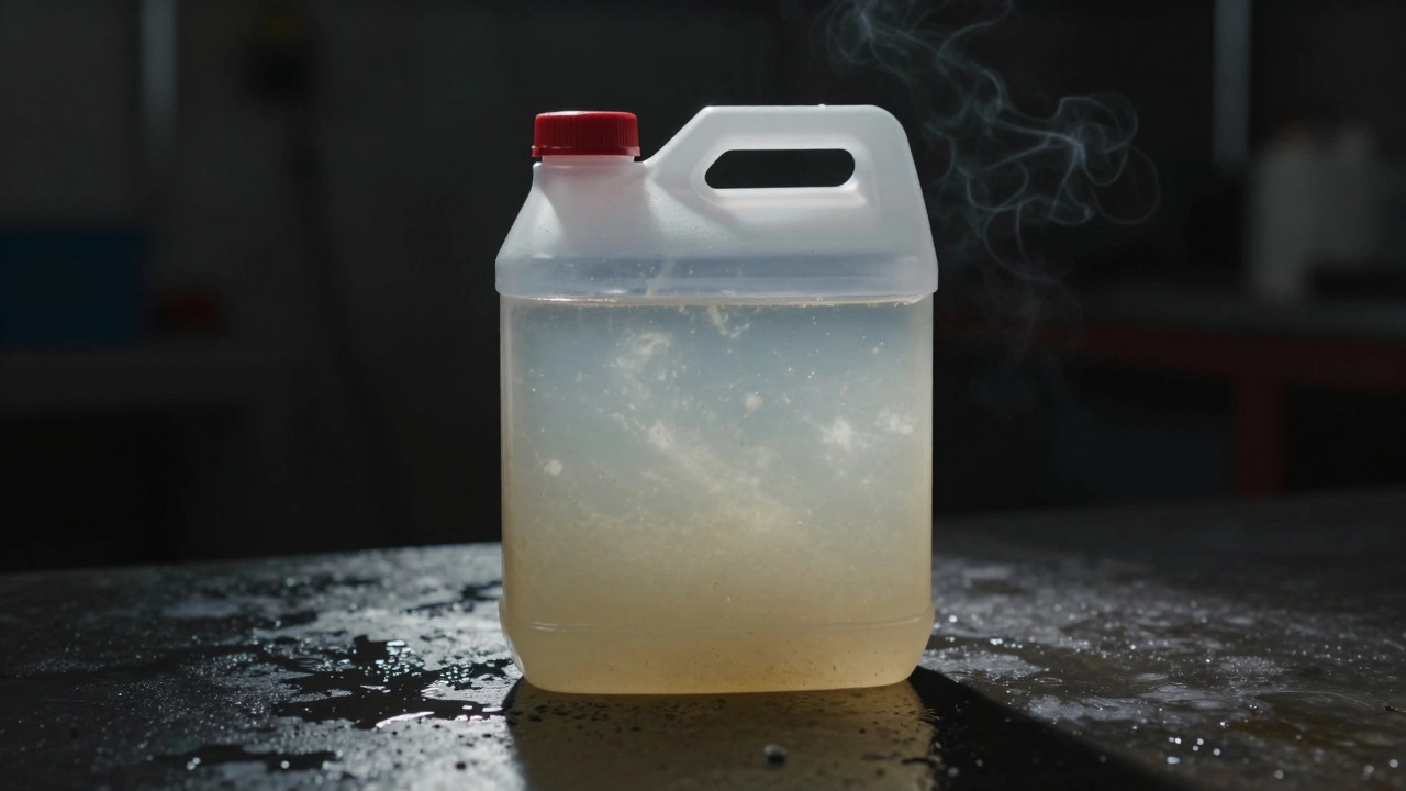 Cloudy coolant inside a transparent reservoir bottle.