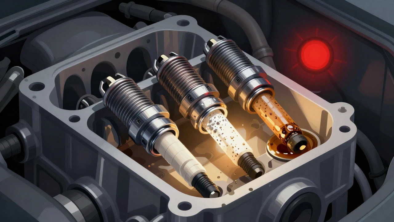 Cross-section of a car engine showing three different spark plug conditions: normal, overheated, and oil-coated, with a red check engine light glowing.
