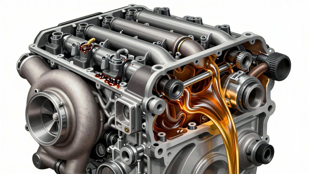 Cross-section of a turbocharged engine showing sludge buildup from conventional oil versus smooth synthetic oil flow.