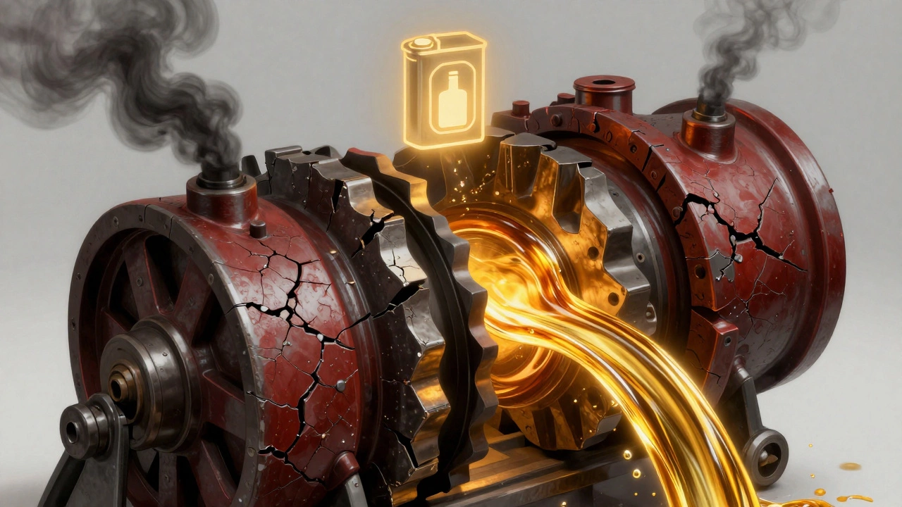 Engine parts grinding without oil, contrasted with flowing protective oil.