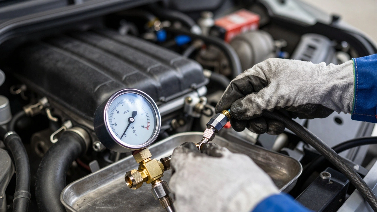Mechanic attaching pressure gauge to engine fuel rail valve