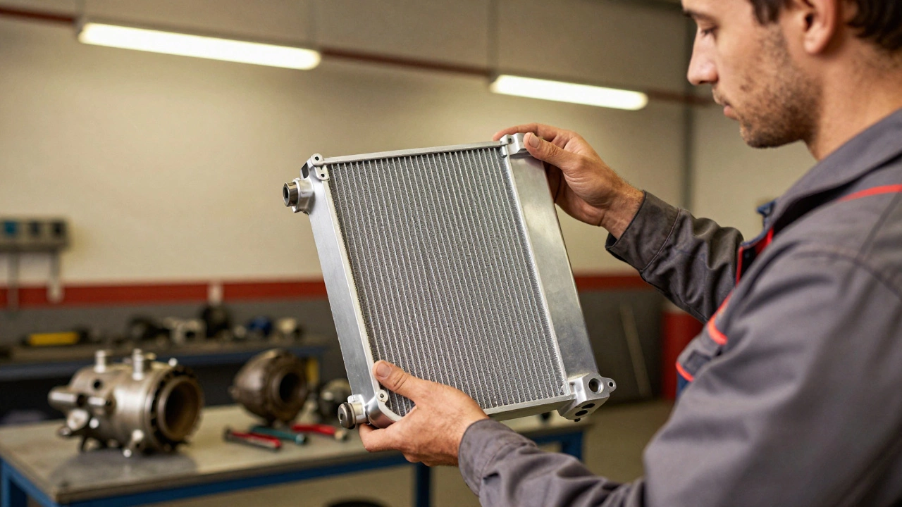 Mechanic inspecting new radiator in automotive workshop