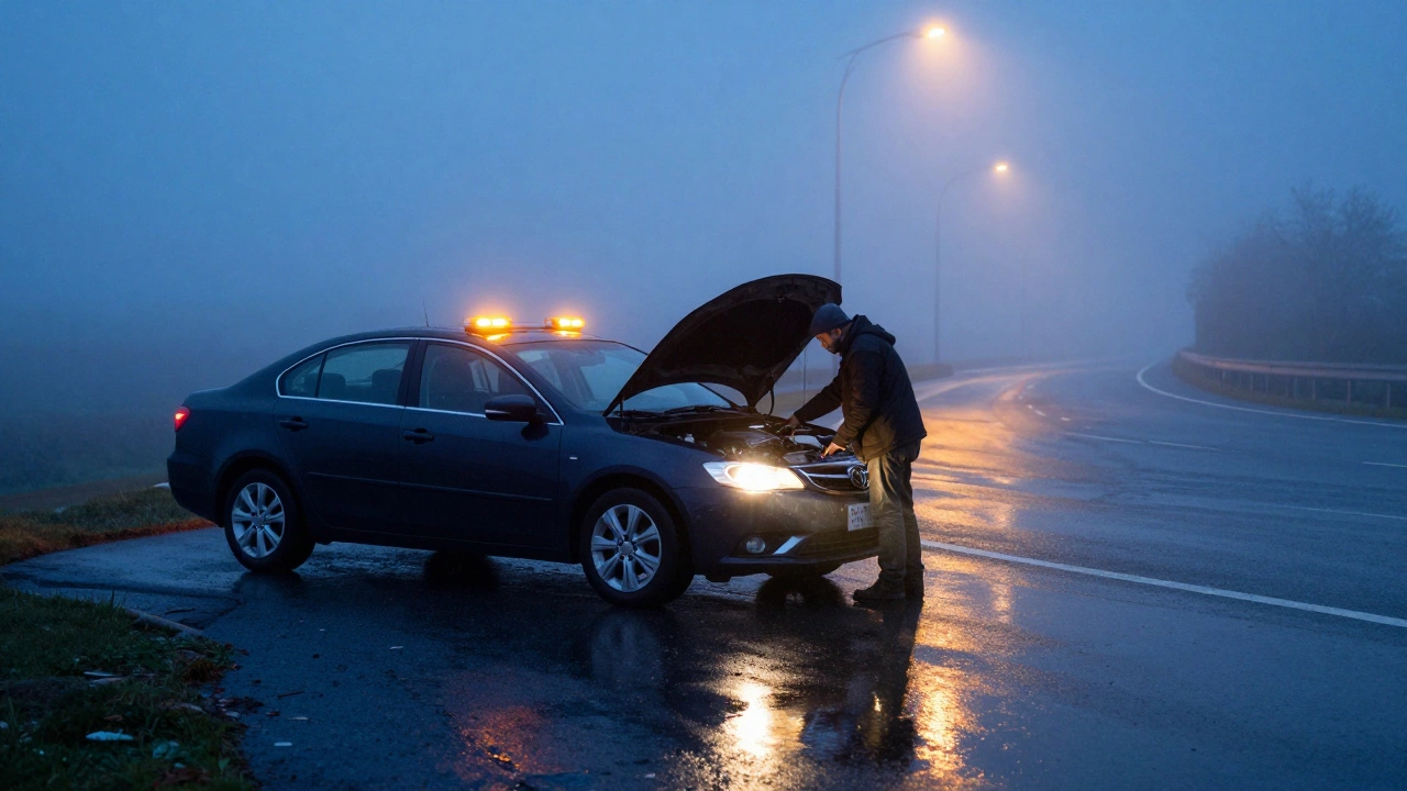 Sedan with hazards on foggy highway shoulder at dusk