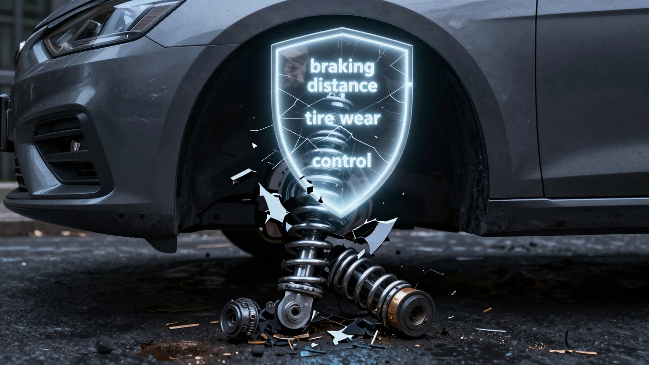 Surreal image of a car's failing suspension system with safety elements crumbling away.
