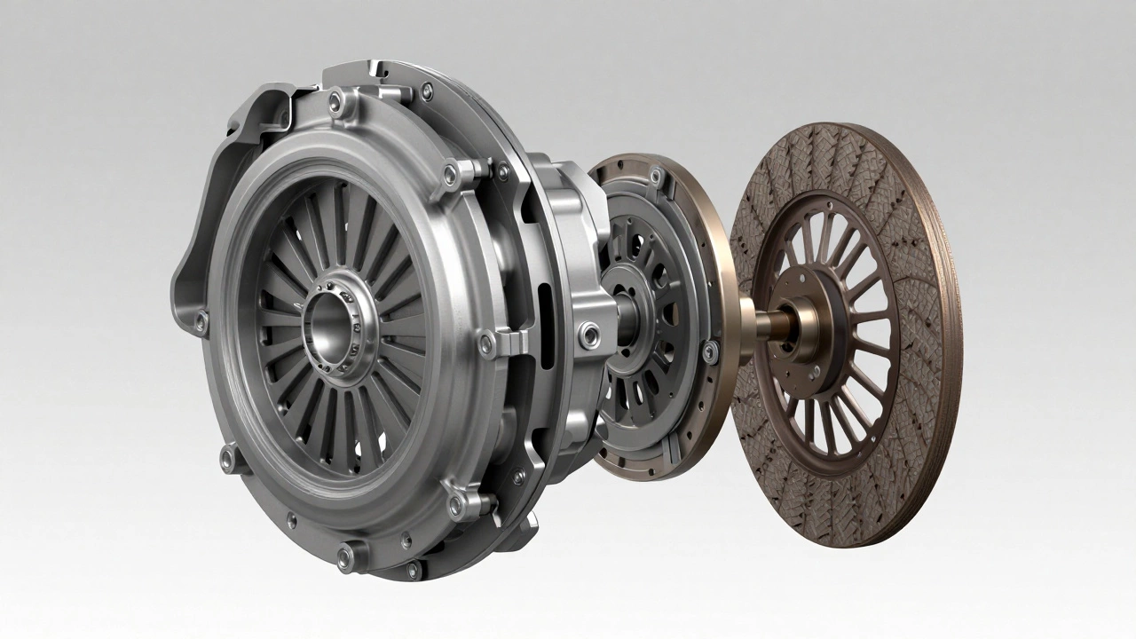 3D technical diagram of a clutch assembly including flywheel and disc