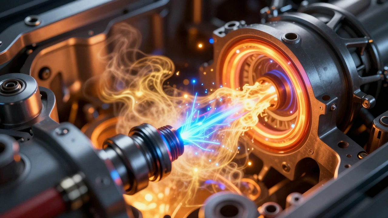 A blue electric spark igniting fuel inside a combustion chamber