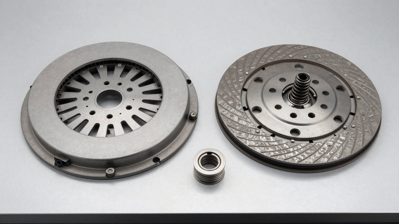 A complete car clutch kit including pressure plate, friction disc, and bearing