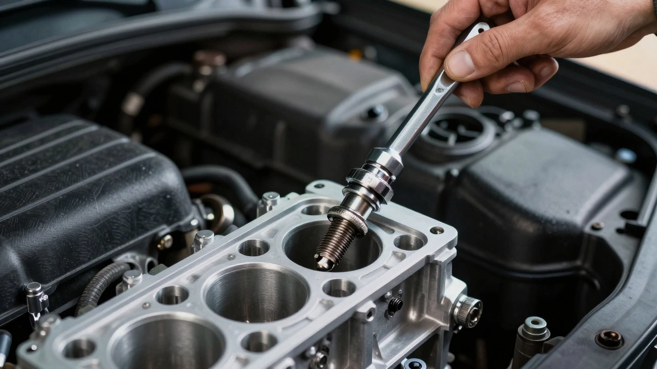 A mechanic using a torque wrench to install a spark plug into an engine