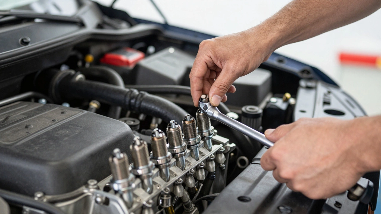 A mechanic using a torque wrench to install new spark plugs.