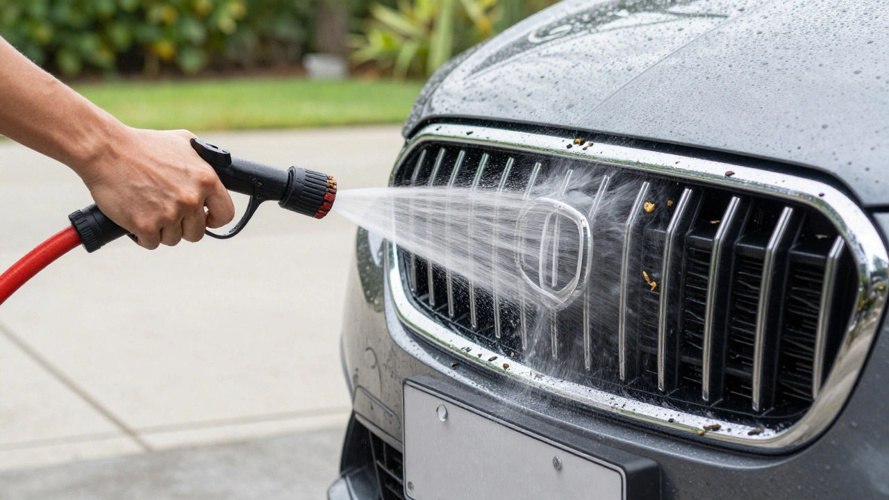 Cleaning a car radiator with a garden hose to remove debris from the fins