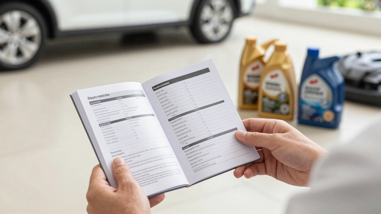 Close-up of a person checking the oil viscosity specifications in a car owner's manual.