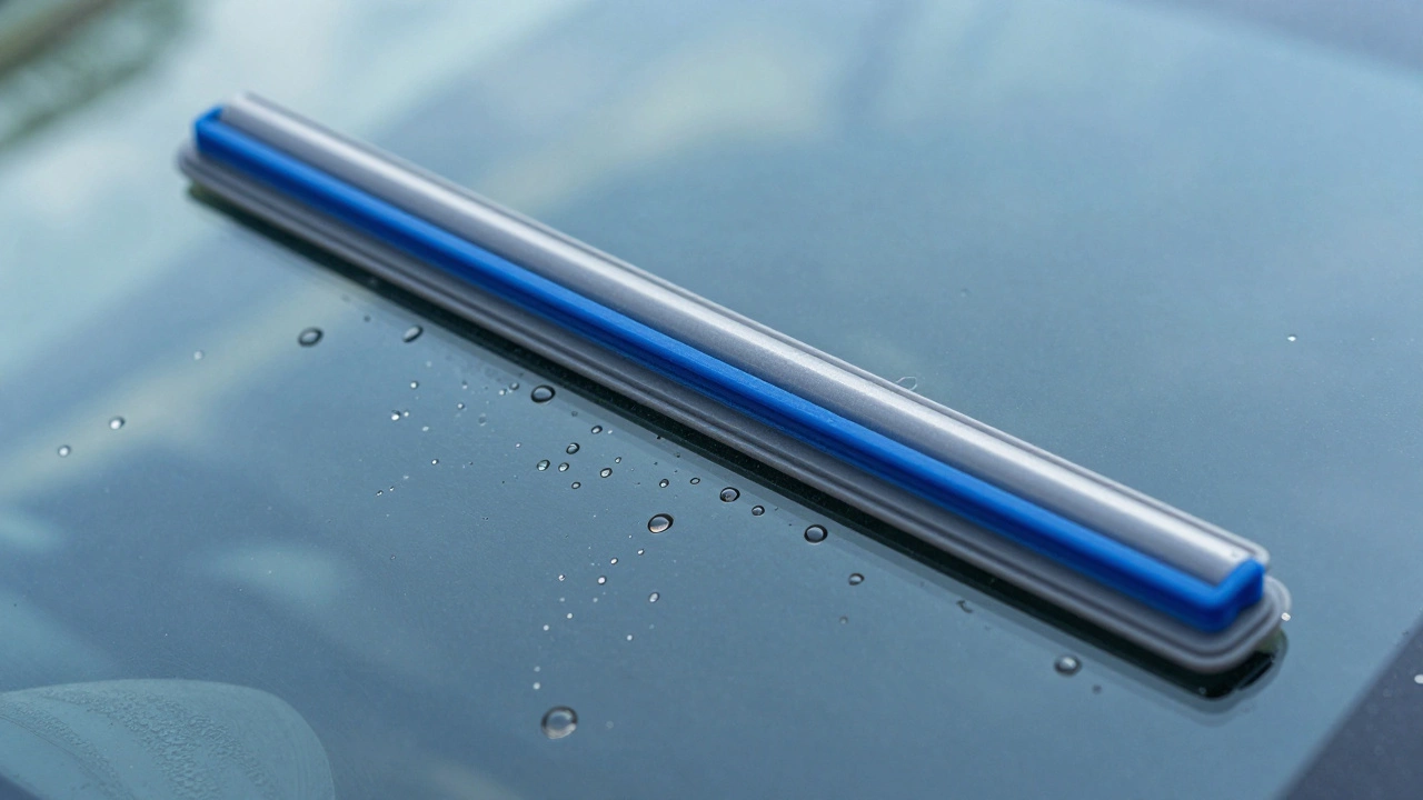 Close-up of a silicone wiper blade creating water-repellent beads on glass.
