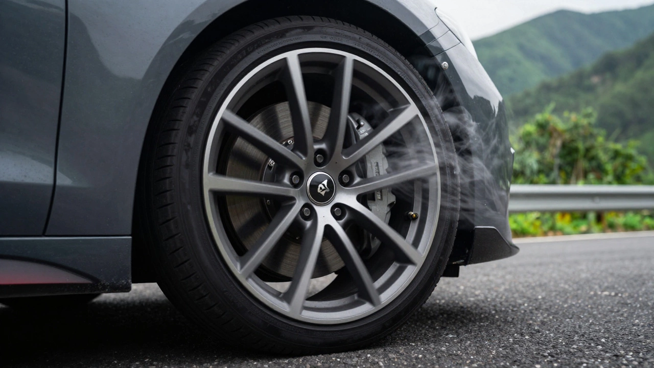 Close-up of an alloy wheel with visible brake rotors during a high-speed turn.