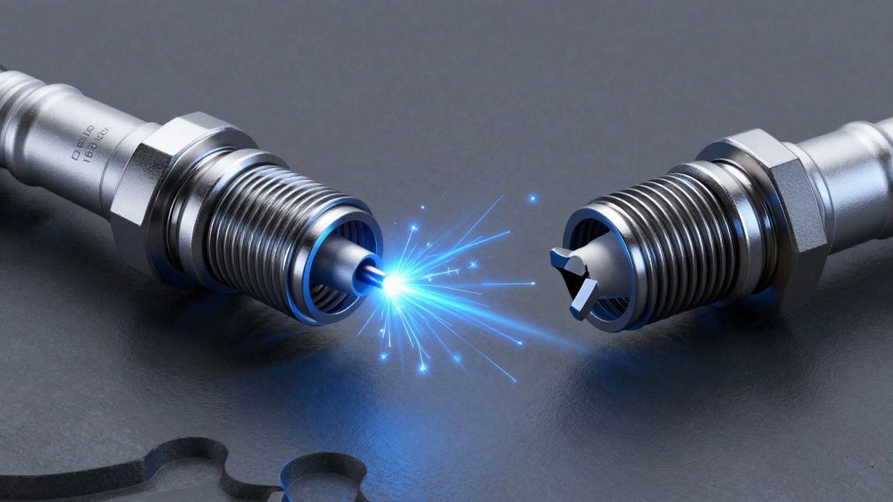 Comparison between a new and a worn-down spark plug electrode.